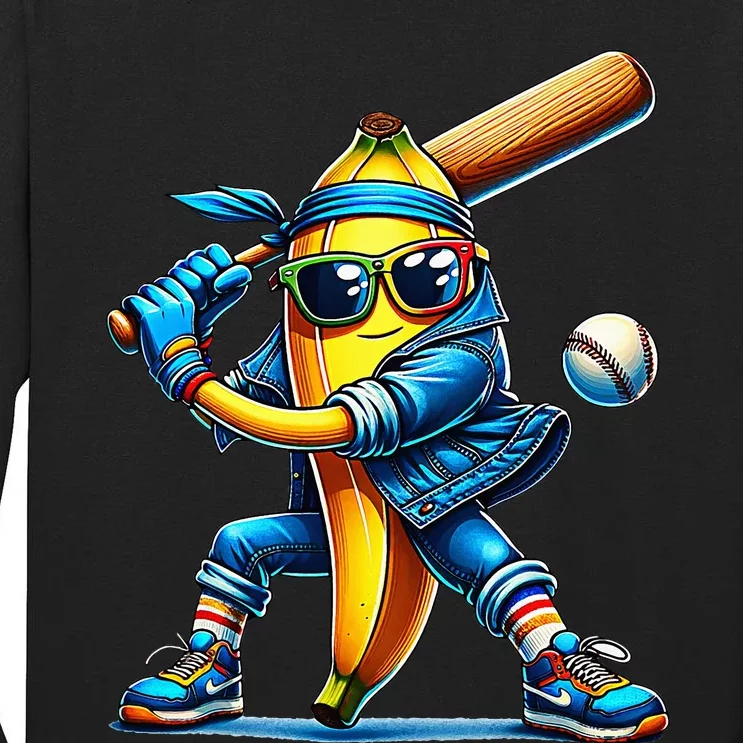 Banana Playing Baseball Fruit Lover Baseball Player Tall Long Sleeve T-Shirt