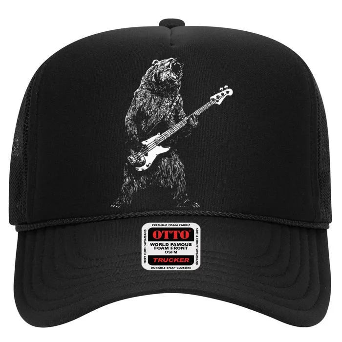 Bear Playing Bass Guitar For Men Animal Playing Guitar High Crown Mesh Trucker Hat