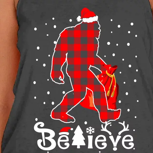 Buffalo Plaid Believe Bigfoot Santa Hat Christmas Women's Knotted Racerback Tank