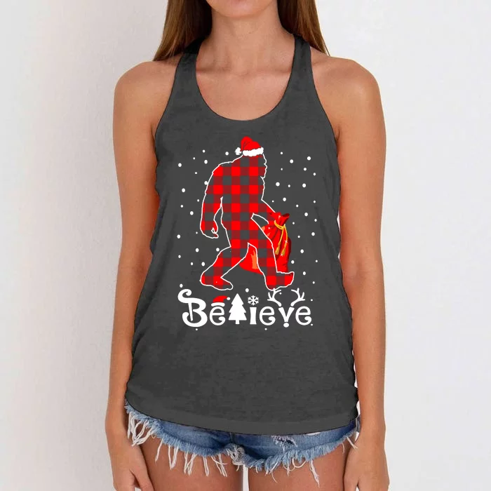 Buffalo Plaid Believe Bigfoot Santa Hat Christmas Women's Knotted Racerback Tank