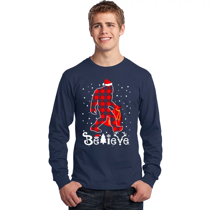 Buffalo Plaid Believe Bigfoot Santa Hat Christmas Long Sleeve Shirt