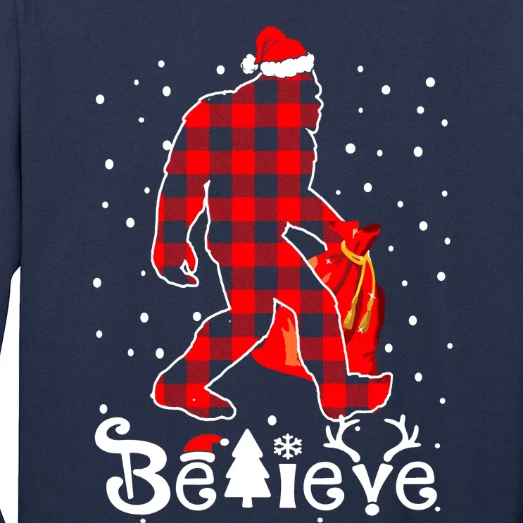 Buffalo Plaid Believe Bigfoot Santa Hat Christmas Long Sleeve Shirt