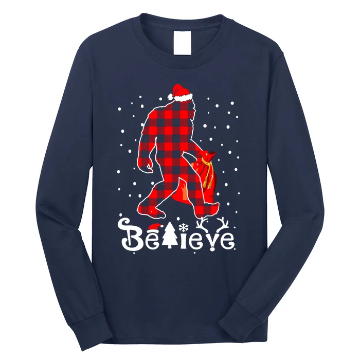 Buffalo Plaid Believe Bigfoot Santa Hat Christmas Long Sleeve Shirt