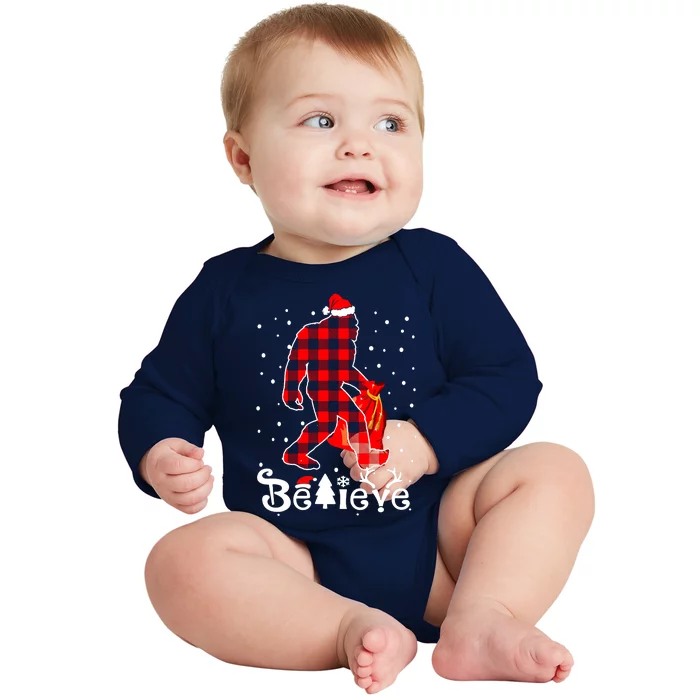 Buffalo Plaid Believe Bigfoot Santa Hat Christmas Baby Long Sleeve Bodysuit