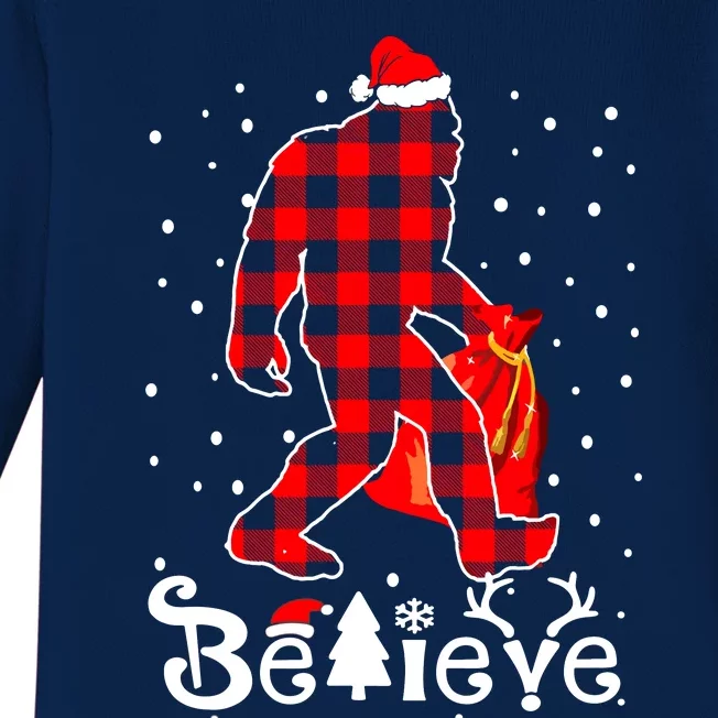 Buffalo Plaid Believe Bigfoot Santa Hat Christmas Baby Long Sleeve Bodysuit