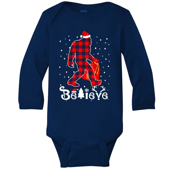 Buffalo Plaid Believe Bigfoot Santa Hat Christmas Baby Long Sleeve Bodysuit