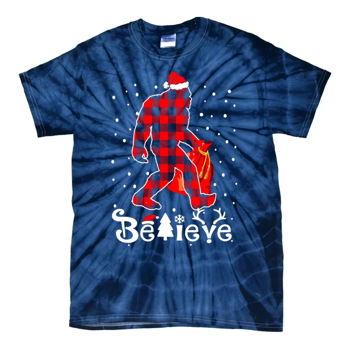 Buffalo Plaid Believe Bigfoot Santa Hat Christmas Tie-Dye T-Shirt