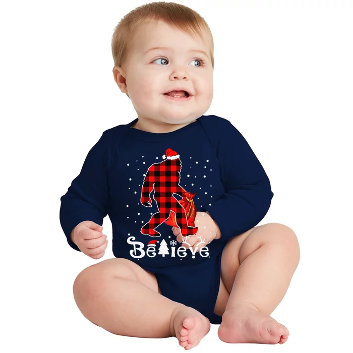 Buffalo Plaid Believe Bigfoot Santa Hat Christmas Funny Funny Baby Long Sleeve Bodysuit