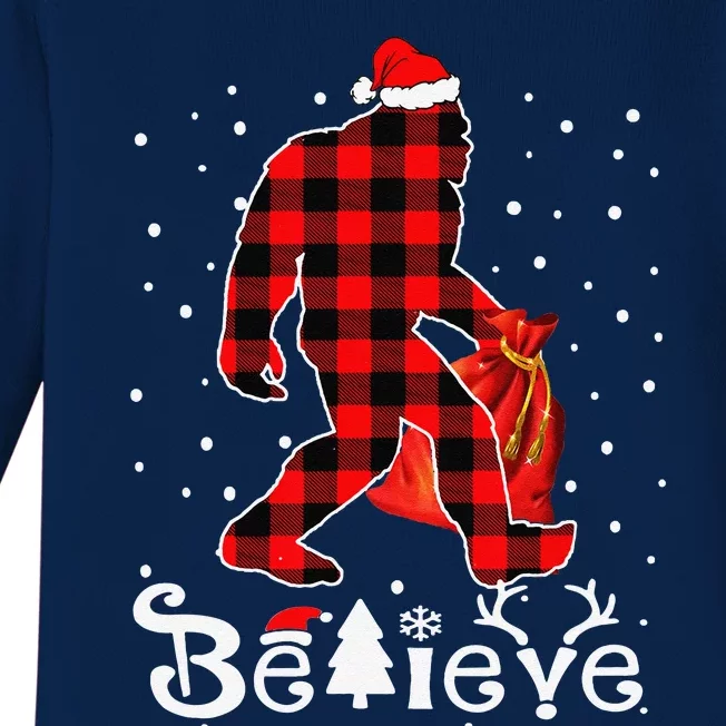 Buffalo Plaid Believe Bigfoot Santa Hat Christmas Funny Funny Baby Long Sleeve Bodysuit