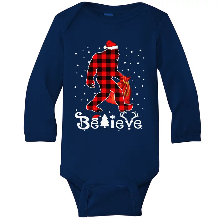 Buffalo Plaid Believe Bigfoot Santa Hat Christmas Funny Funny Baby Long Sleeve Bodysuit