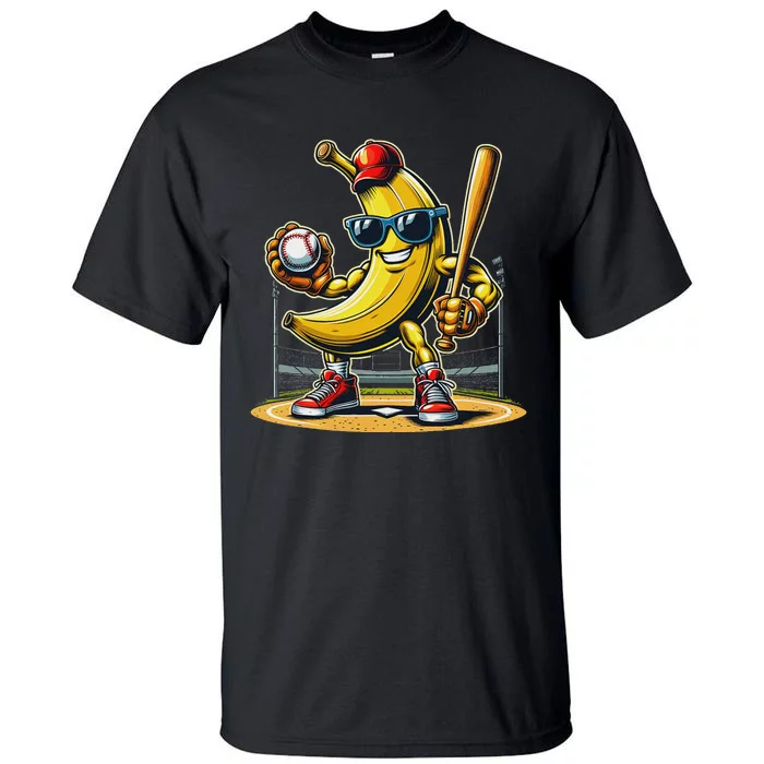 Banana Playing Baseball Baseball Player Funny Fruit Lover Tall T-Shirt