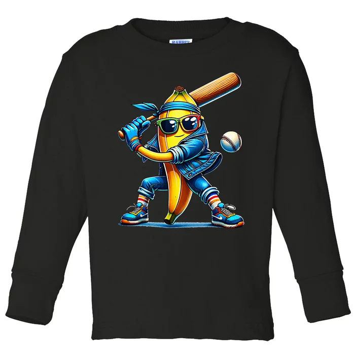 Banana Playing Baseball Fruit Lover Baseball Player Toddler Long Sleeve Shirt