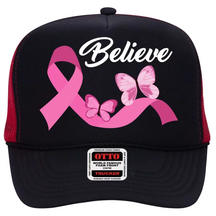 Believe Pink Butterfly Ribbon Breast Cancer High Crown Mesh Trucker Hat