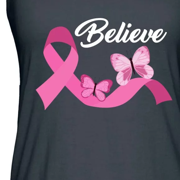 Believe Pink Butterfly Ribbon Breast Cancer Ladies Essential Flowy Tank