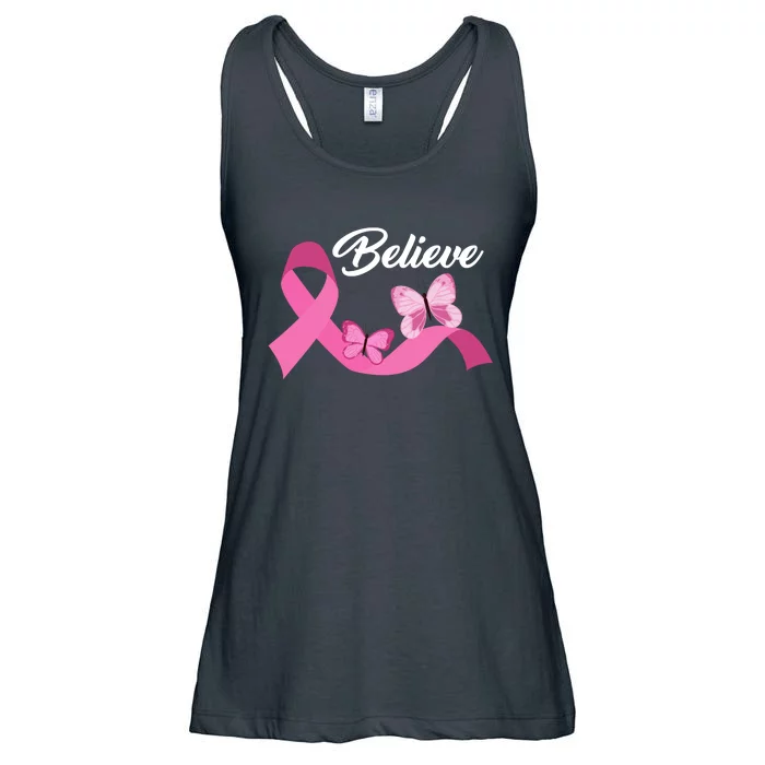 Believe Pink Butterfly Ribbon Breast Cancer Ladies Essential Flowy Tank