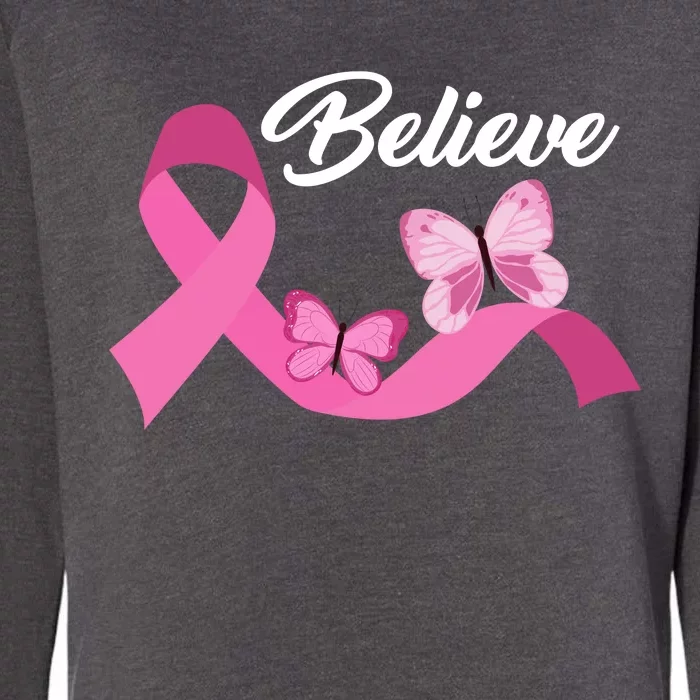 Believe Pink Butterfly Ribbon Breast Cancer Womens California Wash Sweatshirt