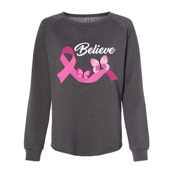 Believe Pink Butterfly Ribbon Breast Cancer Womens California Wash Sweatshirt