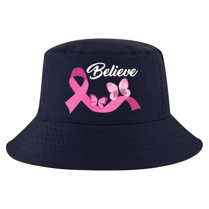 Believe Pink Butterfly Ribbon Breast Cancer Cool Comfort Performance Bucket Hat