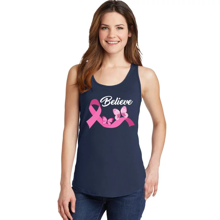 Believe Pink Butterfly Ribbon Breast Cancer Ladies Essential Tank