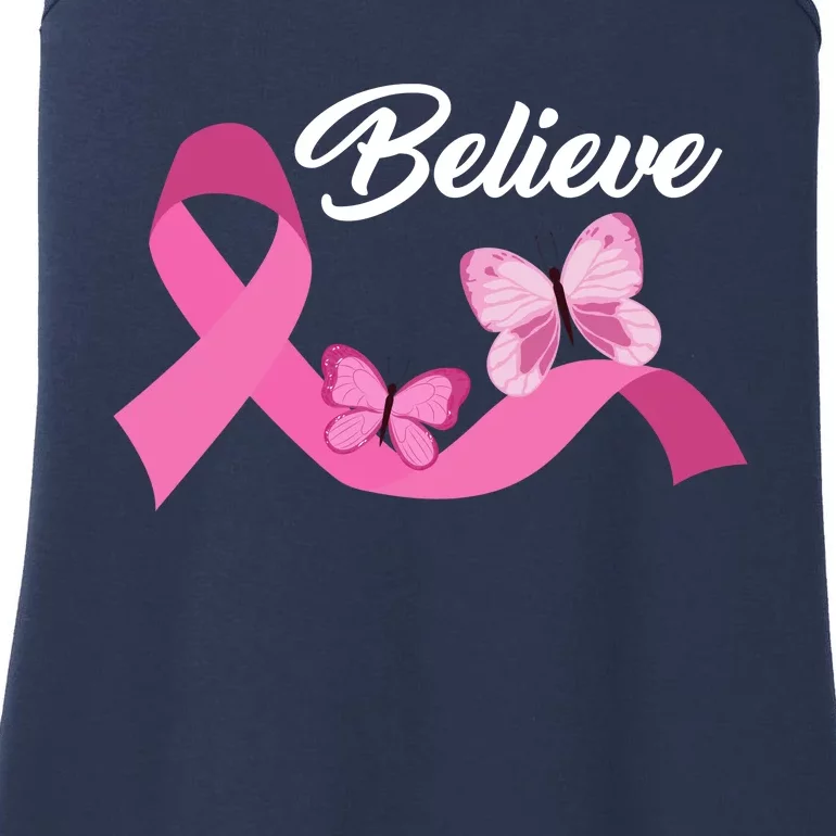 Believe Pink Butterfly Ribbon Breast Cancer Ladies Essential Tank