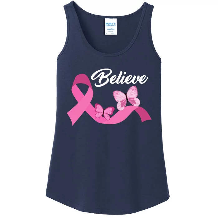 Believe Pink Butterfly Ribbon Breast Cancer Ladies Essential Tank