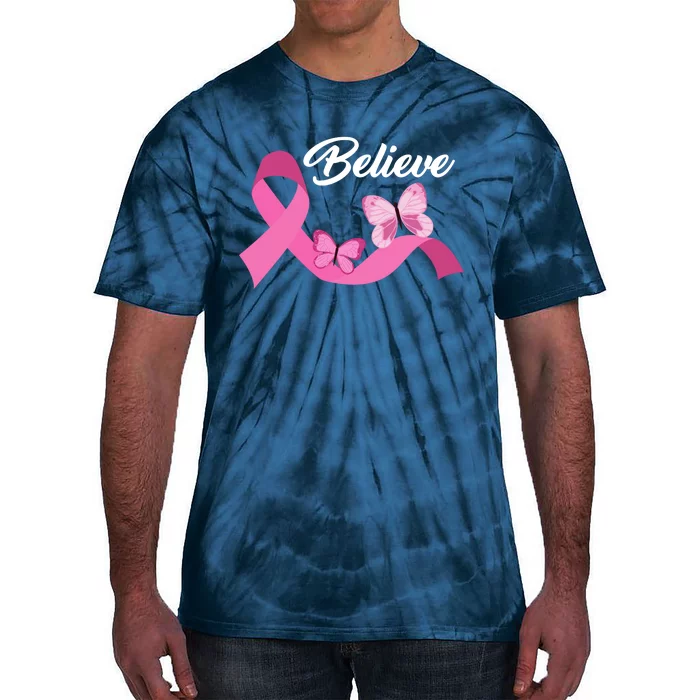 Believe Pink Butterfly Ribbon Breast Cancer Tie-Dye T-Shirt