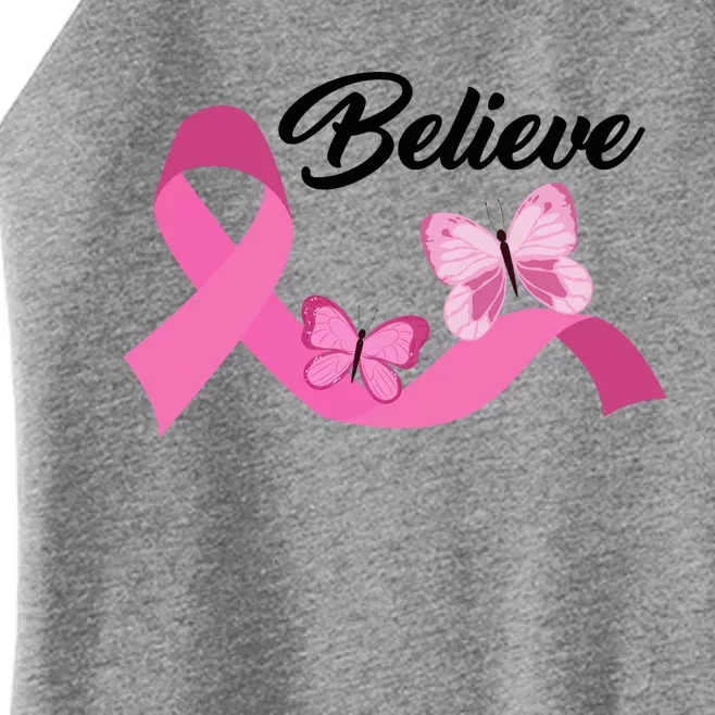 Believe Pink Butterfly Ribbon Breast Cancer Women’s Perfect Tri Rocker Tank