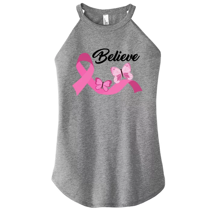 Believe Pink Butterfly Ribbon Breast Cancer Women’s Perfect Tri Rocker Tank