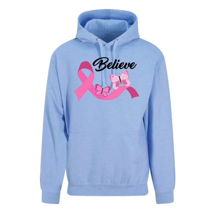 Believe Pink Butterfly Ribbon Breast Cancer Unisex Surf Hoodie