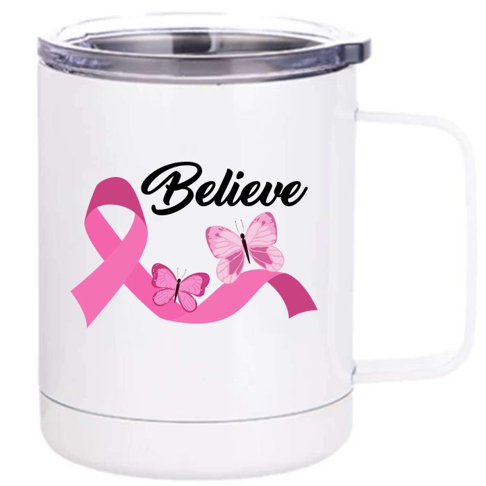 Believe Pink Butterfly Ribbon Breast Cancer Front & Back 12oz Stainless Steel Tumbler Cup