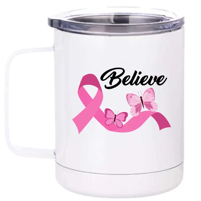 Believe Pink Butterfly Ribbon Breast Cancer Front & Back 12oz Stainless Steel Tumbler Cup