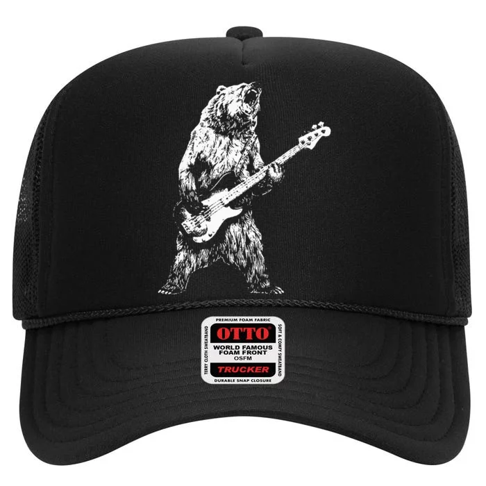 Bear Playing Bass Guitar Bear Retro Music Lovers High Crown Mesh Trucker Hat