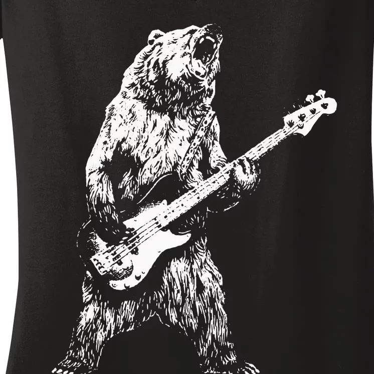 Bear Playing Bass Guitar Bear Retro Music Lovers Women's V-Neck T-Shirt