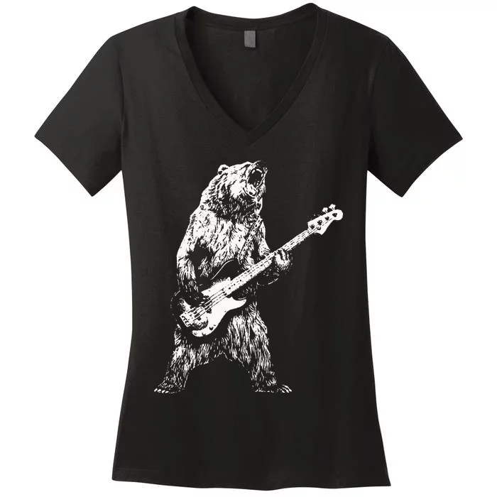 Bear Playing Bass Guitar Bear Retro Music Lovers Women's V-Neck T-Shirt