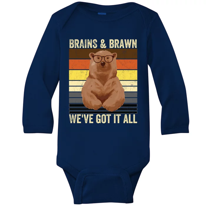 Bear Pride Brains And Brawn Gay Bear Brotherhood Funny Gift Baby Long Sleeve Bodysuit