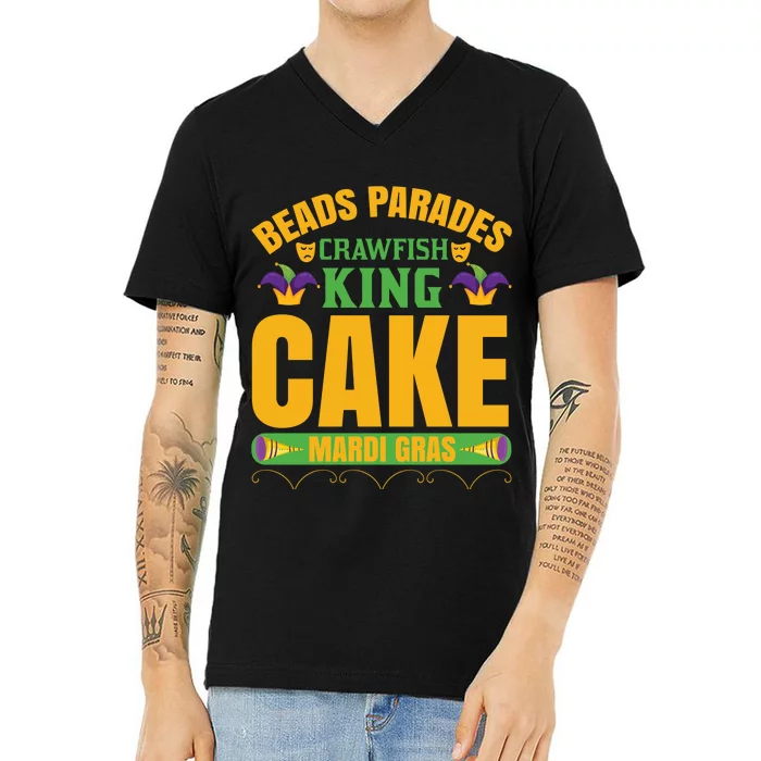 Beads Parades Crawfish King Cake Mardi Gras V-Neck T-Shirt