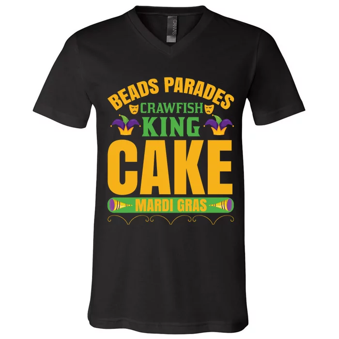 Beads Parades Crawfish King Cake Mardi Gras V-Neck T-Shirt