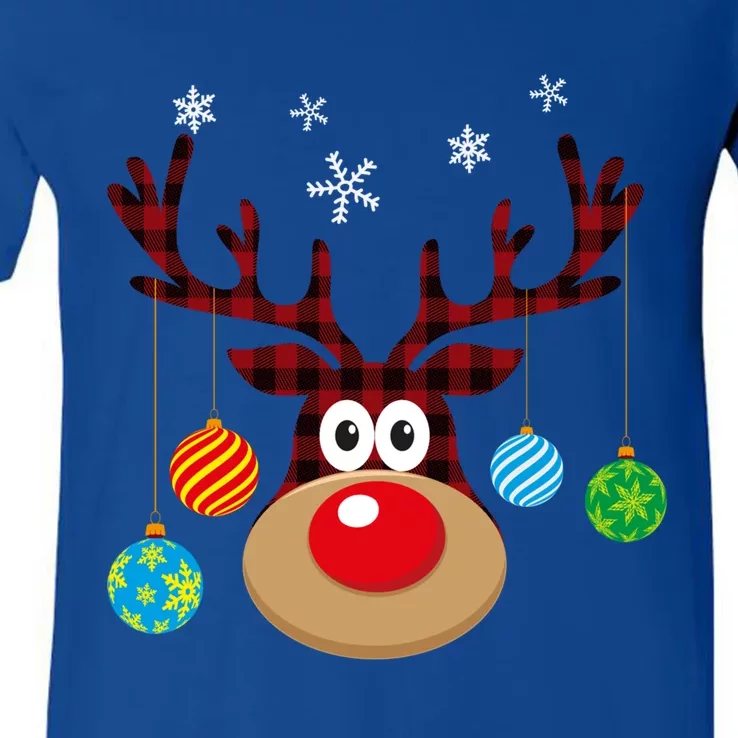 Buffalo Plaid Cute Reindeer Christmas Ornats Snowflakes Funny Gift V-Neck T-Shirt