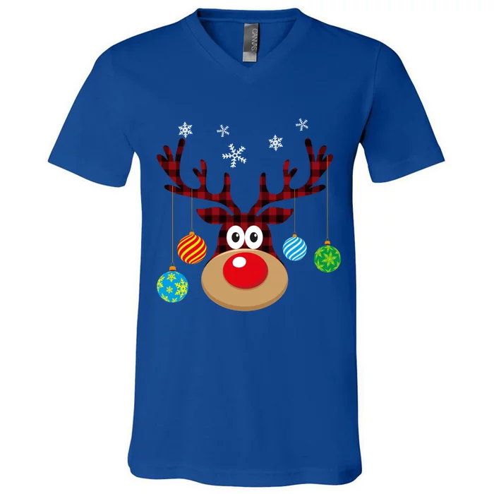 Buffalo Plaid Cute Reindeer Christmas Ornats Snowflakes Funny Gift V-Neck T-Shirt