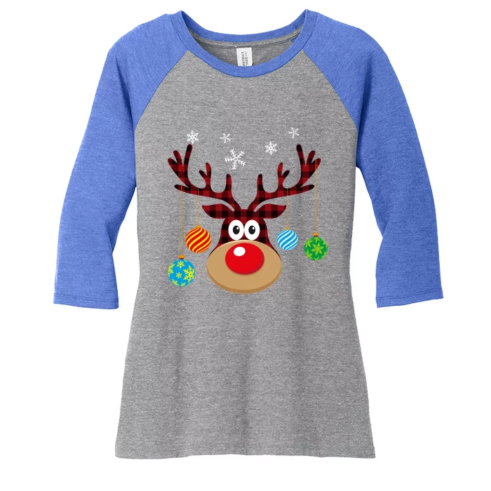 Buffalo Plaid Cute Reindeer Christmas Ornats Snowflakes Funny Gift Women's Tri-Blend 3/4-Sleeve Raglan Shirt