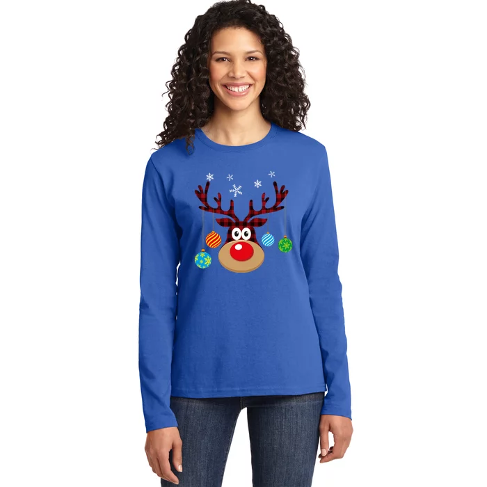 Buffalo Plaid Cute Reindeer Christmas Ornats Snowflakes Gift Ladies Long Sleeve Shirt