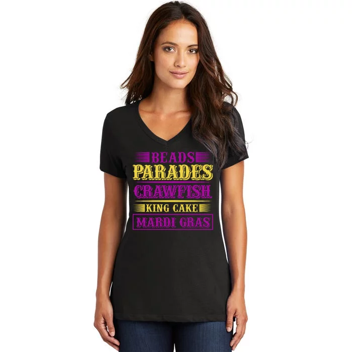 Beads Parades Crawfish King Cake Mardi Gras Women's V-Neck T-Shirt