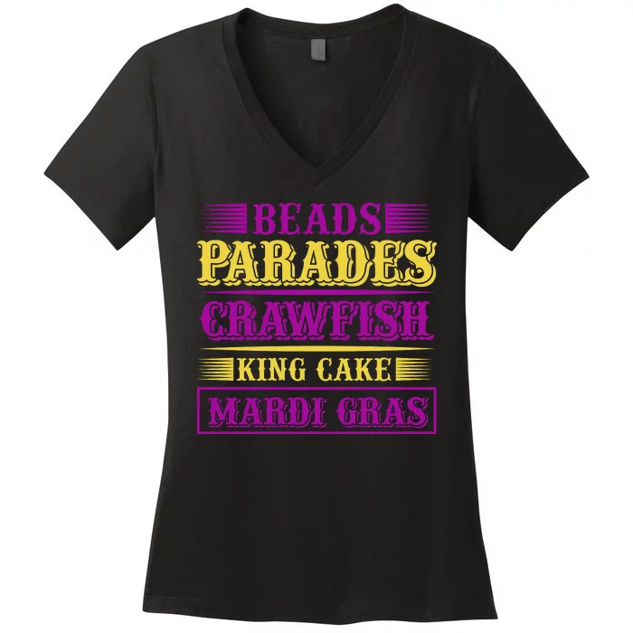 Beads Parades Crawfish King Cake Mardi Gras Women's V-Neck T-Shirt