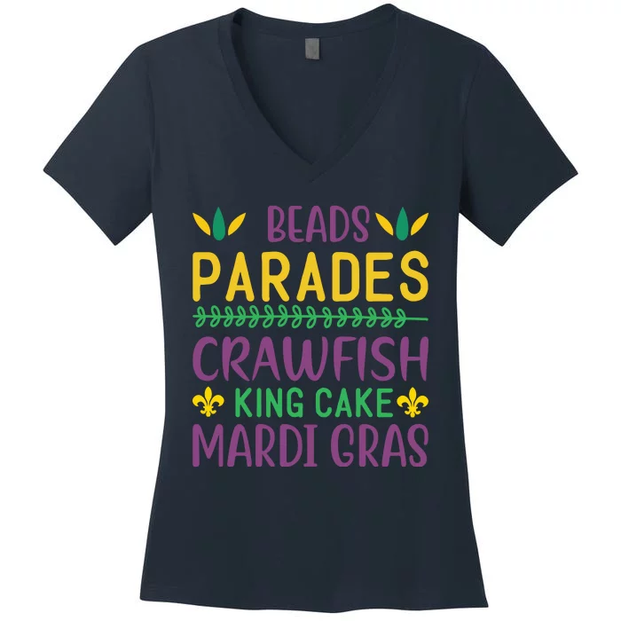 Beads Parades Crawfish King Cake Mardi Gras Women's V-Neck T-Shirt