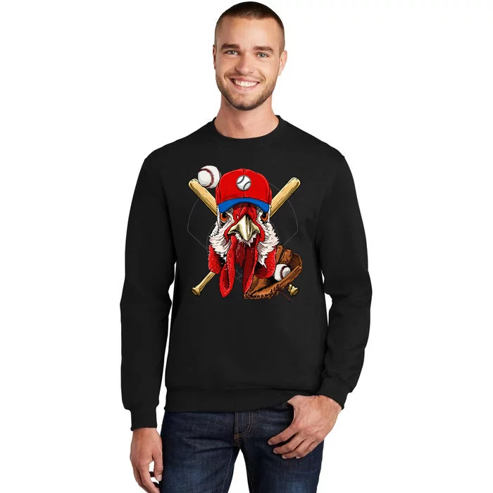 Baseball Player Chicken Pitcher Catcher Baseball Coach Farm Tall Sweatshirt