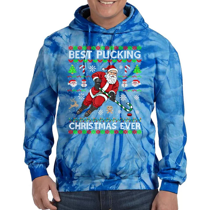 Best Pucking Christmas Ever Ice Hockey Santa Ugly Sweater Gift Tie Dye Hoodie