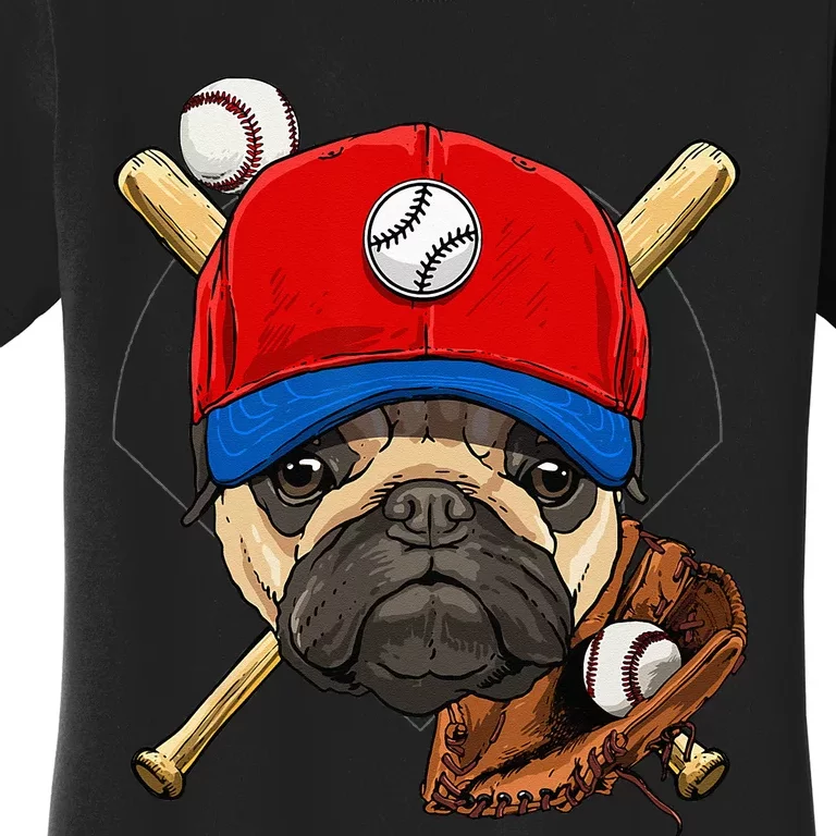 Baseball Player Coach Pug Dog Lover Pug Mom Catcher Pitcher Women's T-Shirt