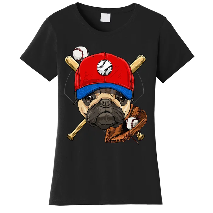 Baseball Player Coach Pug Dog Lover Pug Mom Catcher Pitcher Women's T-Shirt