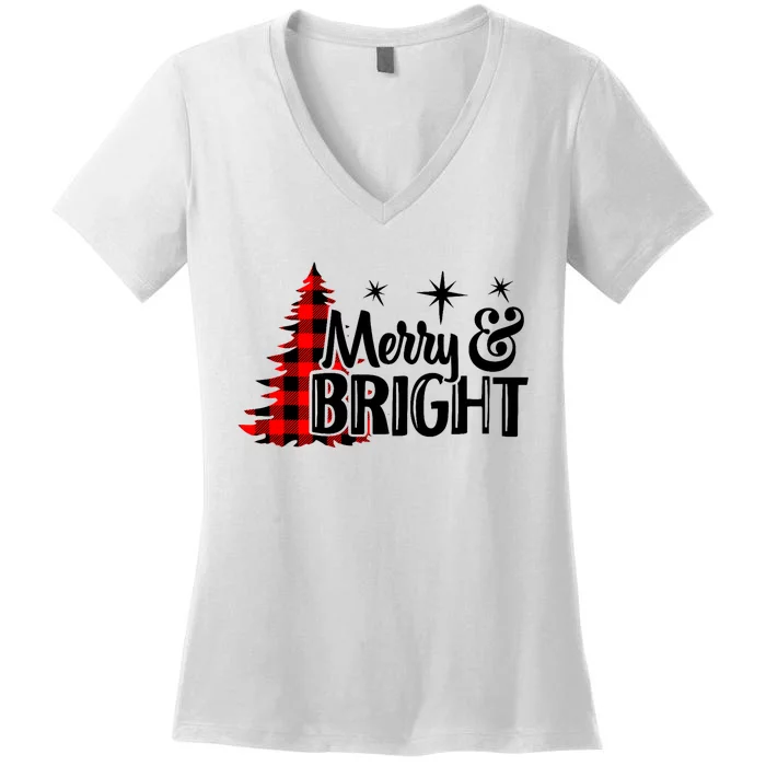 Buffalo Plaid Christmas Tree Merry And Bright Women's V-Neck T-Shirt