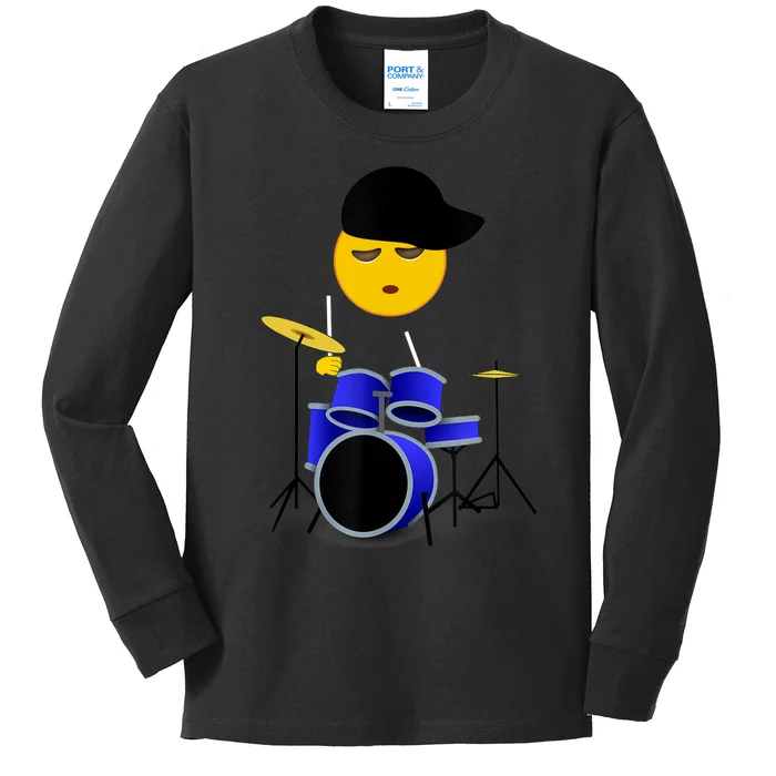 Boy Playing Drums Drummer Funny Emoticon Kids Long Sleeve Shirt